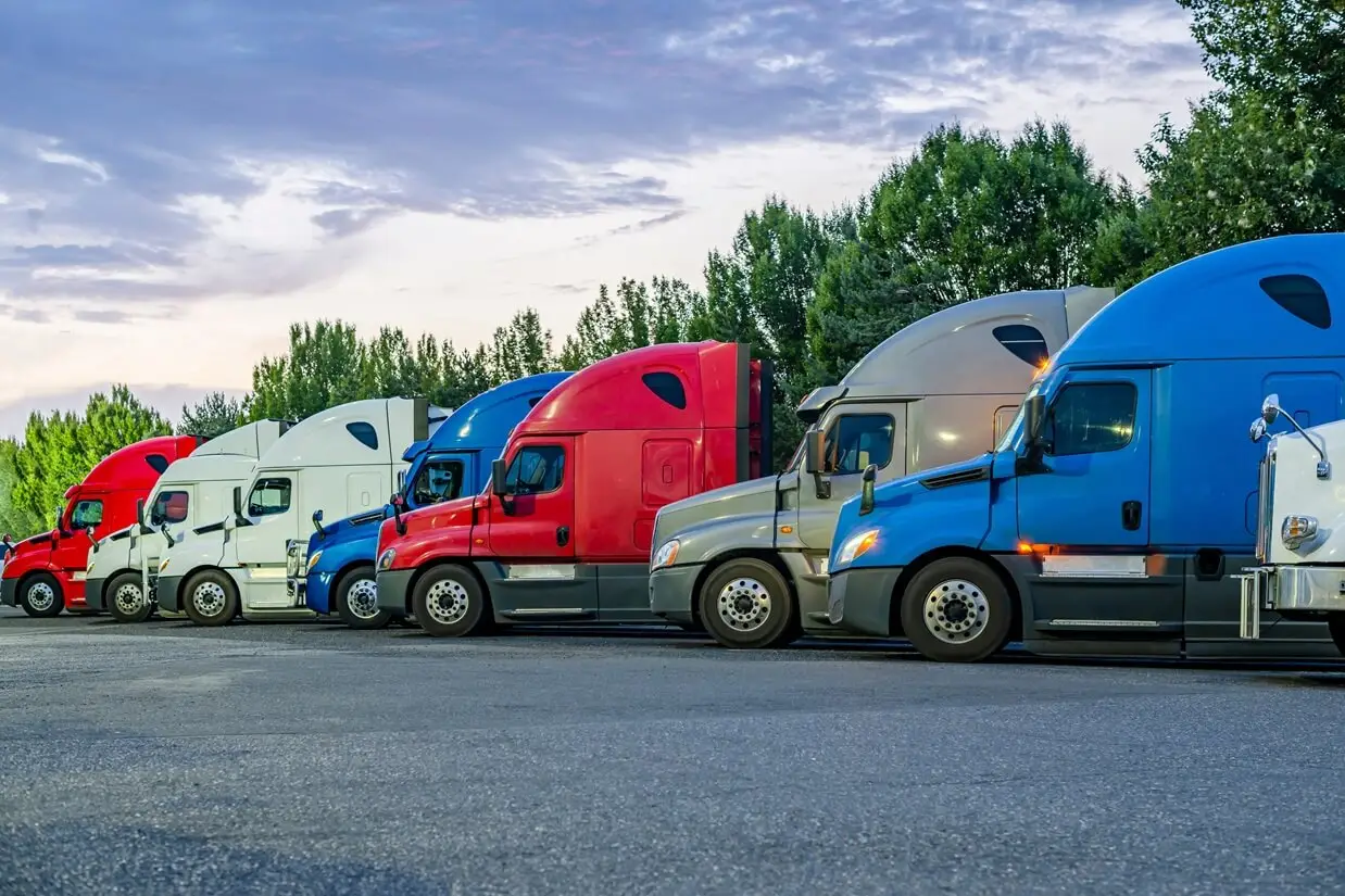 parking lot with colorful trucks